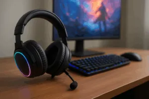 Gaming-Setups auf einem stilvollen Schreibtisch. Im Vordergrund liegt ein hochwertiges, kabelloses Gaming-Headset mit Mikrofonarm, weichen Ohrpolstern und subtiler RGB-Beleuchtung an den Ohrmuscheln.