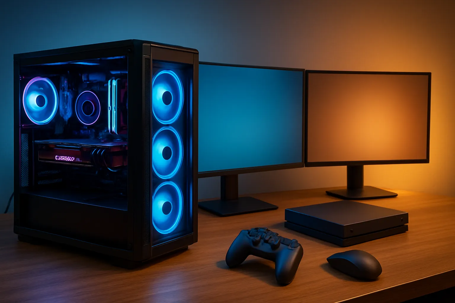 Gaming-Setup mit beleuchtetem High-End-PC und Konsole auf Holzschreibtisch, zwei Monitoren in kühlem und warmem Licht, ohne Personen oder Text.