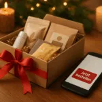 Ein festlich dekorierter Holztisch mit einer Geschenkbox, gefüllt mit verschiedenen Abo-Produkten und roter Schleife, daneben ein Smartphone mit „Jetzt bestellen“-Button – warm beleuchtet im weihnachtlichen Kerzenschein.
