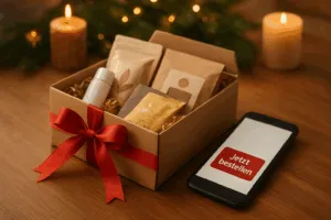 Ein festlich dekorierter Holztisch mit einer Geschenkbox, gefüllt mit verschiedenen Abo-Produkten und roter Schleife, daneben ein Smartphone mit „Jetzt bestellen“-Button – warm beleuchtet im weihnachtlichen Kerzenschein.