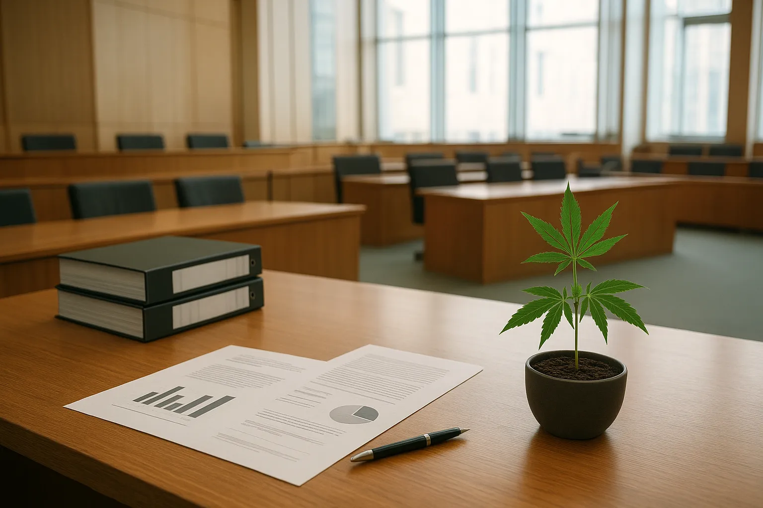 Sitzungssaal im Bundestag, große hölzerne Tische mit Aktenordnern und Dokumenten, darauf eine kleine, dezente Cannabis-Pflanze in einem Topf als symbolisches Element für die Evaluierung des Cannabis-Gesetzes.