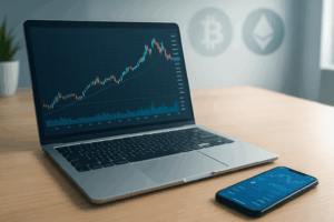 Ein moderner Laptop mit Krypto-Charts auf dem Bildschirm und ein Smartphone mit Trading-App auf einem hellen Schreibtisch im Homeoffice, professionelles Headerbild zum Thema Krypto-Trading als Nebenverdienst, fotorealistischer Stil, neutrale Blau-Silber-Töne.