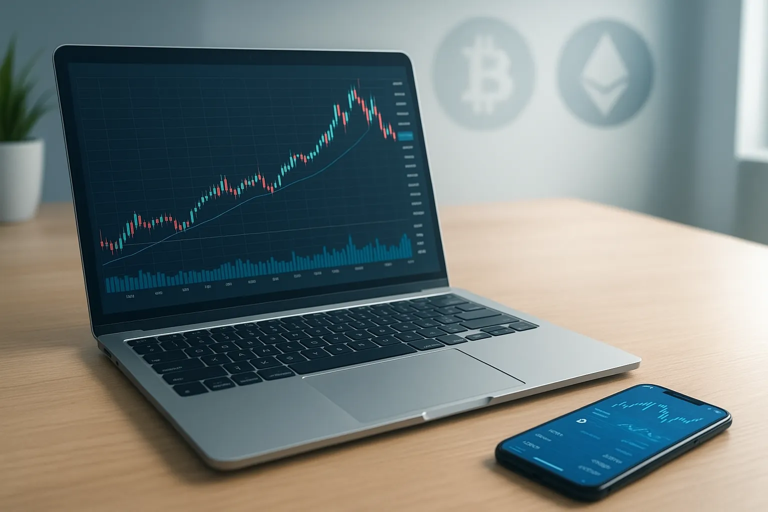 Ein moderner Laptop mit Krypto-Charts auf dem Bildschirm und ein Smartphone mit Trading-App auf einem hellen Schreibtisch im Homeoffice, professionelles Headerbild zum Thema Krypto-Trading als Nebenverdienst, fotorealistischer Stil, neutrale Blau-Silber-Töne.