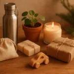 Nachhaltig verpackte Geschenkideen auf einem Holztisch – Edelstahlflasche, handgemachte Seife, Duftkerze, kleiner Pflanzentopf, Stoffbeutel und Holzspielzeug – in warmem Licht mit natürlichen Materialien und dezenten winterlichen Akzenten.