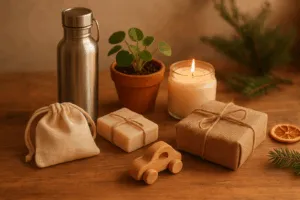 Nachhaltig verpackte Geschenkideen auf einem Holztisch – Edelstahlflasche, handgemachte Seife, Duftkerze, kleiner Pflanzentopf, Stoffbeutel und Holzspielzeug – in warmem Licht mit natürlichen Materialien und dezenten winterlichen Akzenten.