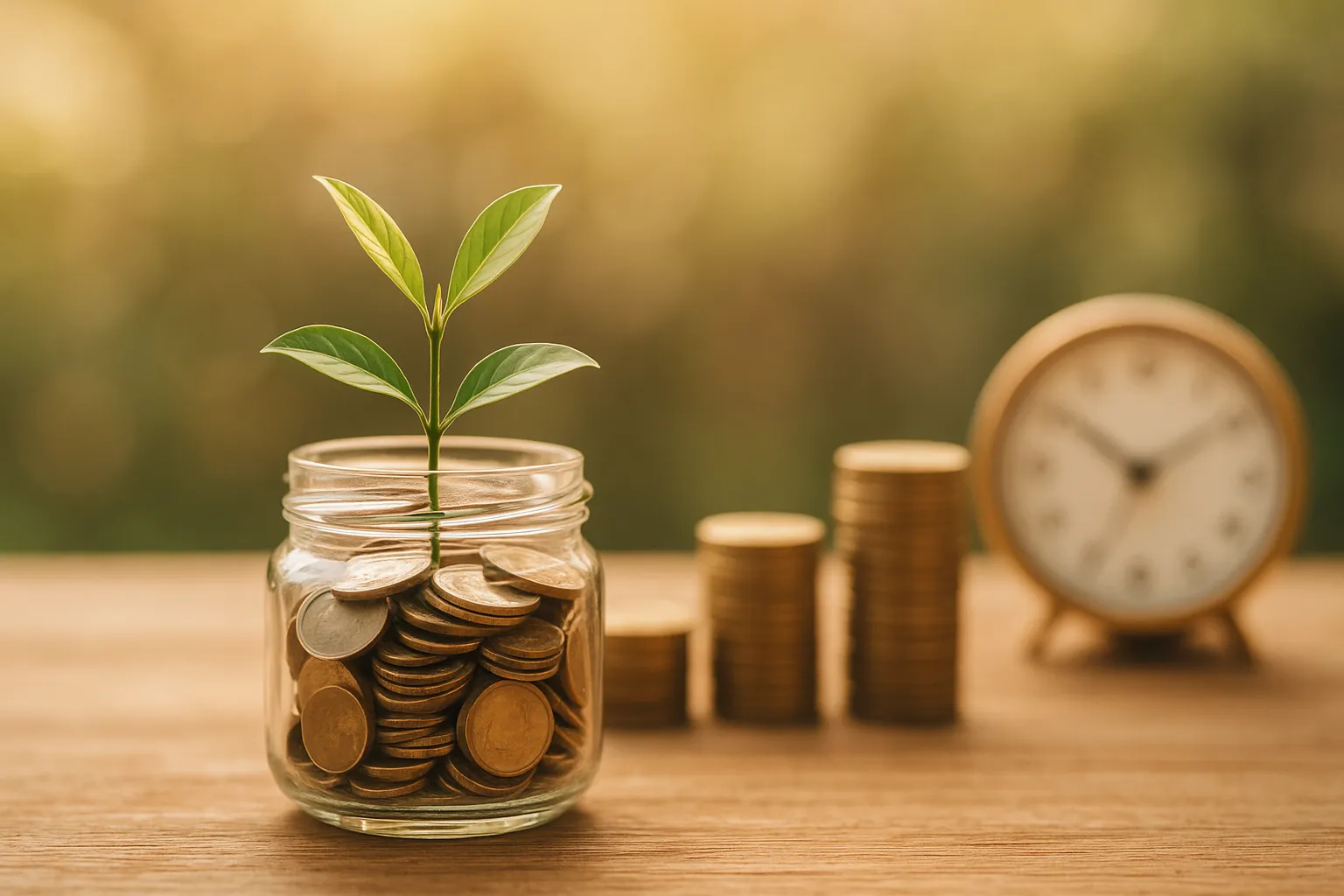 Junge Pflanze wächst aus einem Glas voller Münzen, daneben Münzstapel und eine Uhr im Hintergrund – Symbol für frühzeitiges Investieren und Zinseszins.