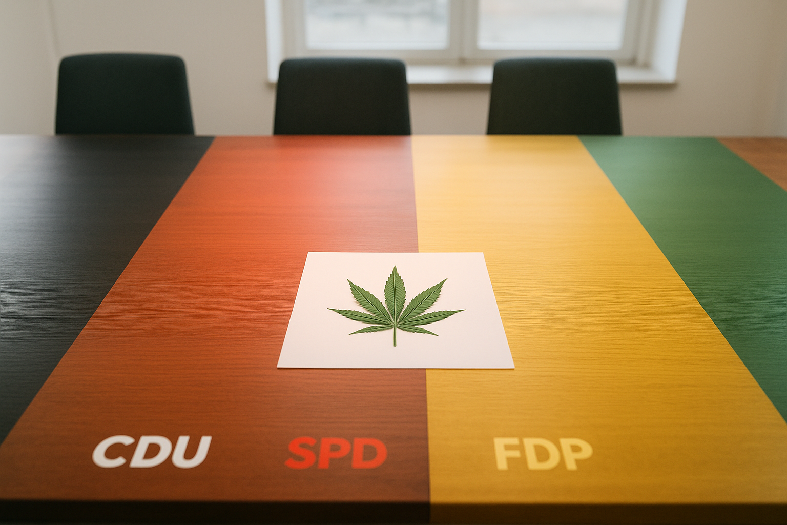 Großer hölzerner Konferenztisch mit vier klar abgegrenzten Bereichen, jeder symbolisch in einer anderen Farbe beleuchtet (Schwarz für CDU, Rot für SPD, Gelb für FDP, Grün für die Grünen). In der Mitte des Tisches liegt ein einzelnes Cannabisblatt auf einem weißen Blatt Papier.