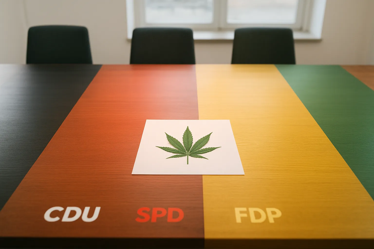 Großer hölzerner Konferenztisch mit vier klar abgegrenzten Bereichen, jeder symbolisch in einer anderen Farbe beleuchtet (Schwarz für CDU, Rot für SPD, Gelb für FDP, Grün für die Grünen). In der Mitte des Tisches liegt ein einzelnes Cannabisblatt auf einem weißen Blatt Papier.