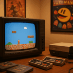 Retro-Gaming-Setup mit klassischer NES-Konsole, Röhrenfernseher und 8-Bit-Spiel, umgeben von Retro-Spielmodulen und nostalgischer Beleuchtung.