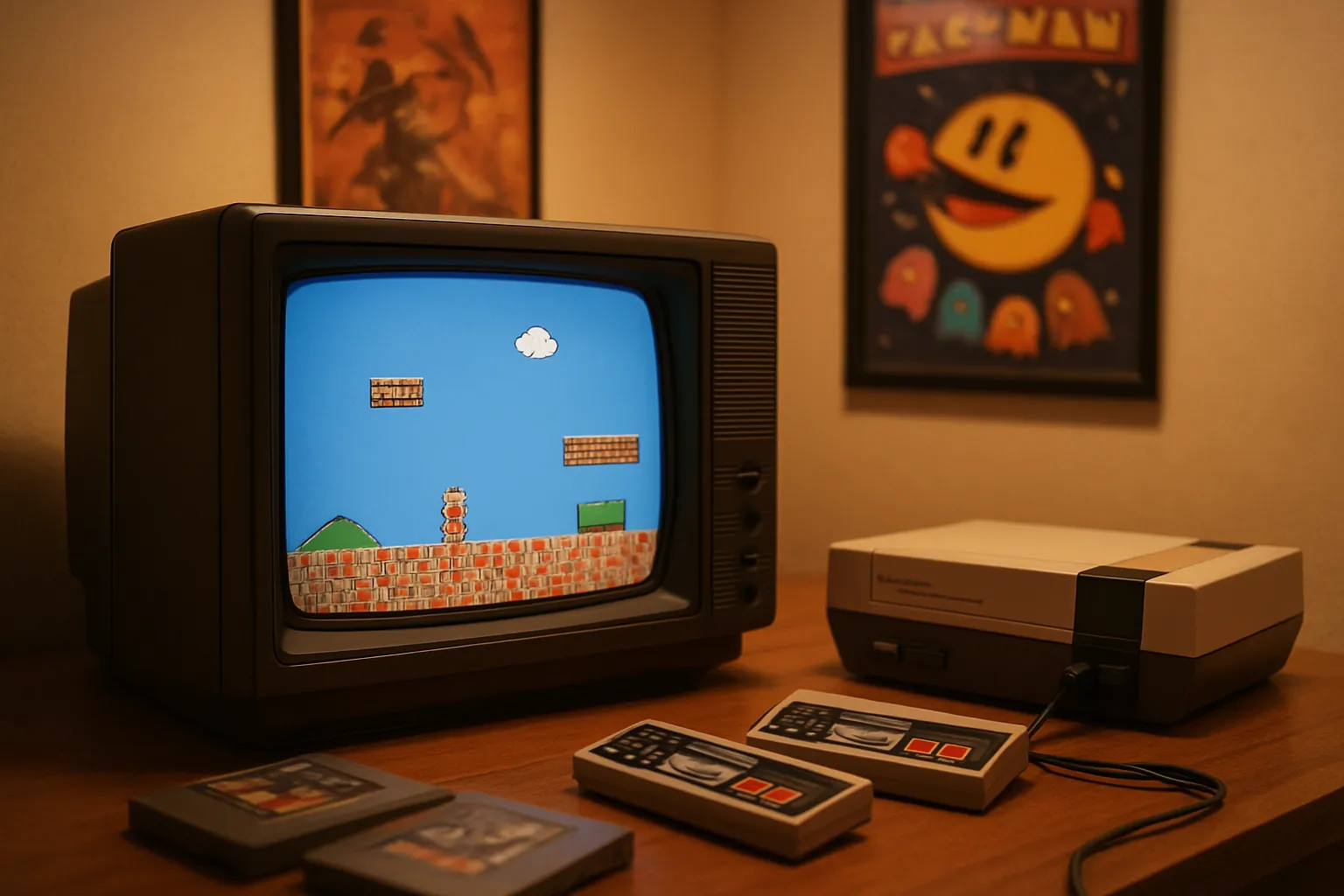 Retro-Gaming-Setup mit klassischer NES-Konsole, Röhrenfernseher und 8-Bit-Spiel, umgeben von Retro-Spielmodulen und nostalgischer Beleuchtung.
