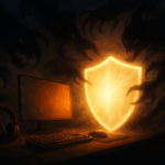 Gaming-Umgebung mit leuchtenden Monitoren, Tastaturen und Gaming-Zubehör, über der dunkle, bedrohliche Schatten wie neblige, aggressive Kreaturen schweben, symbolisch für toxisches Verhalten, Hate Speech und Griefing. Ein intensiver, heller Lichtstrahl in Form eines Schutzschildes durchbricht die Dunkelheit und verteidigt die digitale Community, erzeugt eine dramatische, spannende Atmosphäre von Sicherheit und Zusammenhalt.