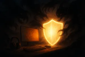 Gaming-Umgebung mit leuchtenden Monitoren, Tastaturen und Gaming-Zubehör, über der dunkle, bedrohliche Schatten wie neblige, aggressive Kreaturen schweben, symbolisch für toxisches Verhalten, Hate Speech und Griefing. Ein intensiver, heller Lichtstrahl in Form eines Schutzschildes durchbricht die Dunkelheit und verteidigt die digitale Community, erzeugt eine dramatische, spannende Atmosphäre von Sicherheit und Zusammenhalt.