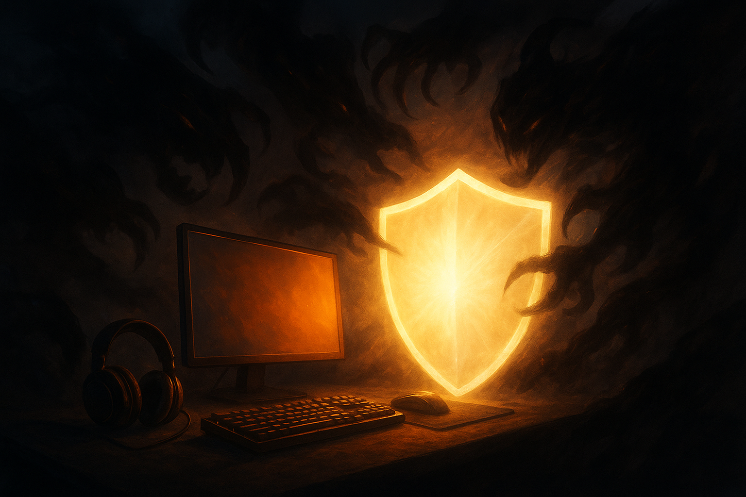 Gaming-Umgebung mit leuchtenden Monitoren, Tastaturen und Gaming-Zubehör, über der dunkle, bedrohliche Schatten wie neblige, aggressive Kreaturen schweben, symbolisch für toxisches Verhalten, Hate Speech und Griefing. Ein intensiver, heller Lichtstrahl in Form eines Schutzschildes durchbricht die Dunkelheit und verteidigt die digitale Community, erzeugt eine dramatische, spannende Atmosphäre von Sicherheit und Zusammenhalt.