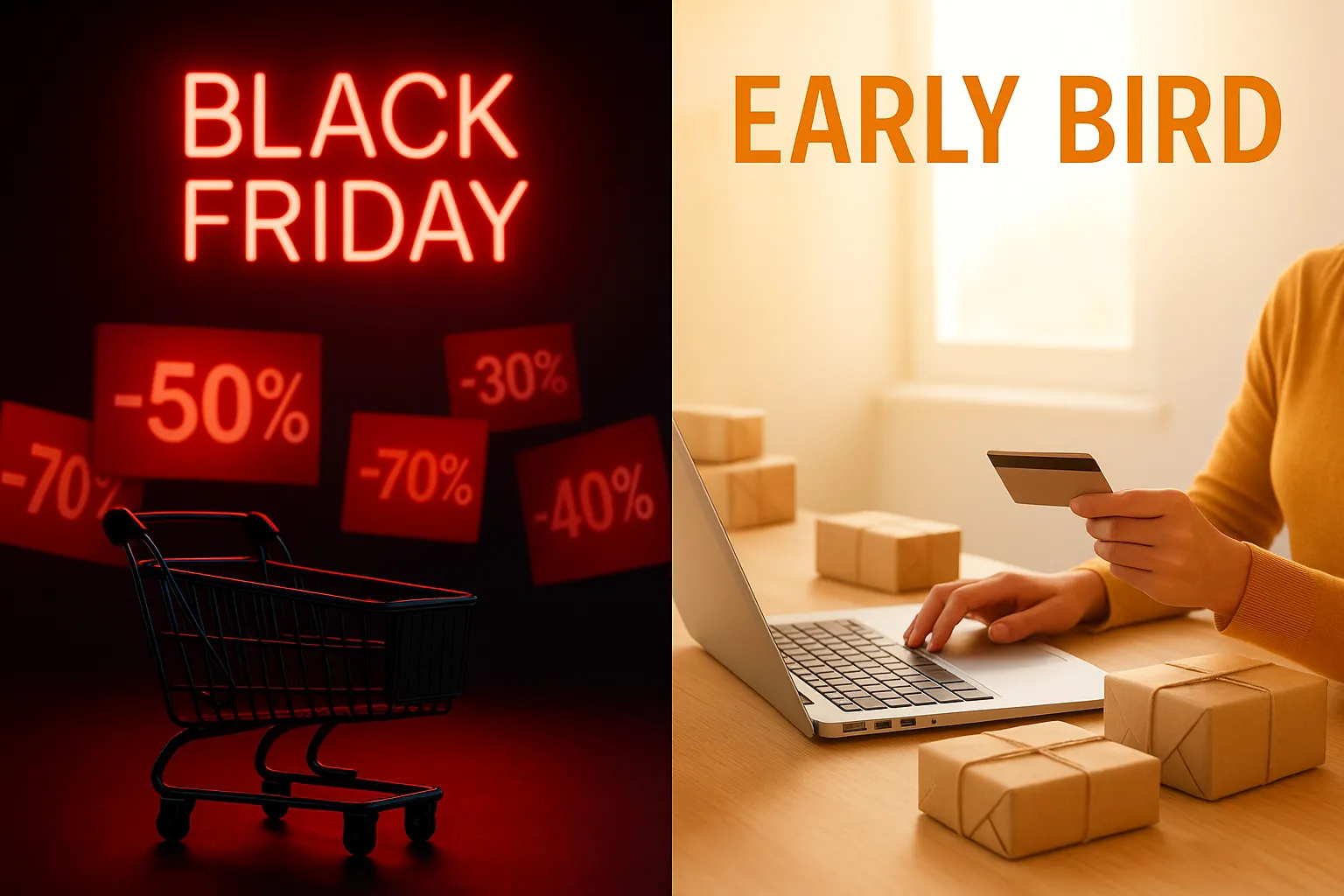 Vergleich von Black Friday Chaos mit reduzierten Preisen und dem ruhigen Early-Bird-Morgen mit Laptop und Kaffeetasse, symbolisiert die 2025 Tiefpreis-Strategie.