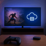 Gemütliches Wohnzimmer mit großem Fernseher, auf dem ein Videospiel und ein Cloud-Symbol zu sehen sind, symbolisch für Cloud-Gaming als Zukunft des Spielens.