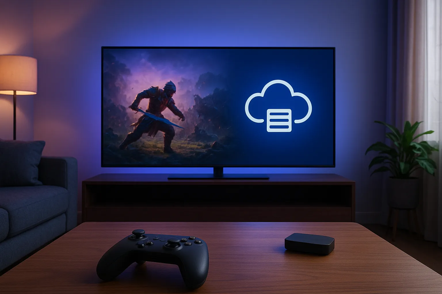 Gemütliches Wohnzimmer mit großem Fernseher, auf dem ein Videospiel und ein Cloud-Symbol zu sehen sind, symbolisch für Cloud-Gaming als Zukunft des Spielens.