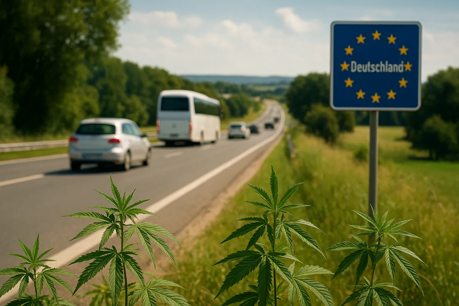 Grenzregion in Deutschland, mit einer Landstraße, die sich in die Ferne zieht. Dezente Symbole von Cannabis-Pflanzen, die am Straßenrand wachsen. Autos und Reisebusse, die auf die Einreise warten.