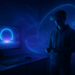 Ein Gamer mit VR-Headset steht in einem futuristisch beleuchteten Raum, umgeben von holografischen Lichteffekten, die virtuelle und reale Welt miteinander verschmelzen lassen.