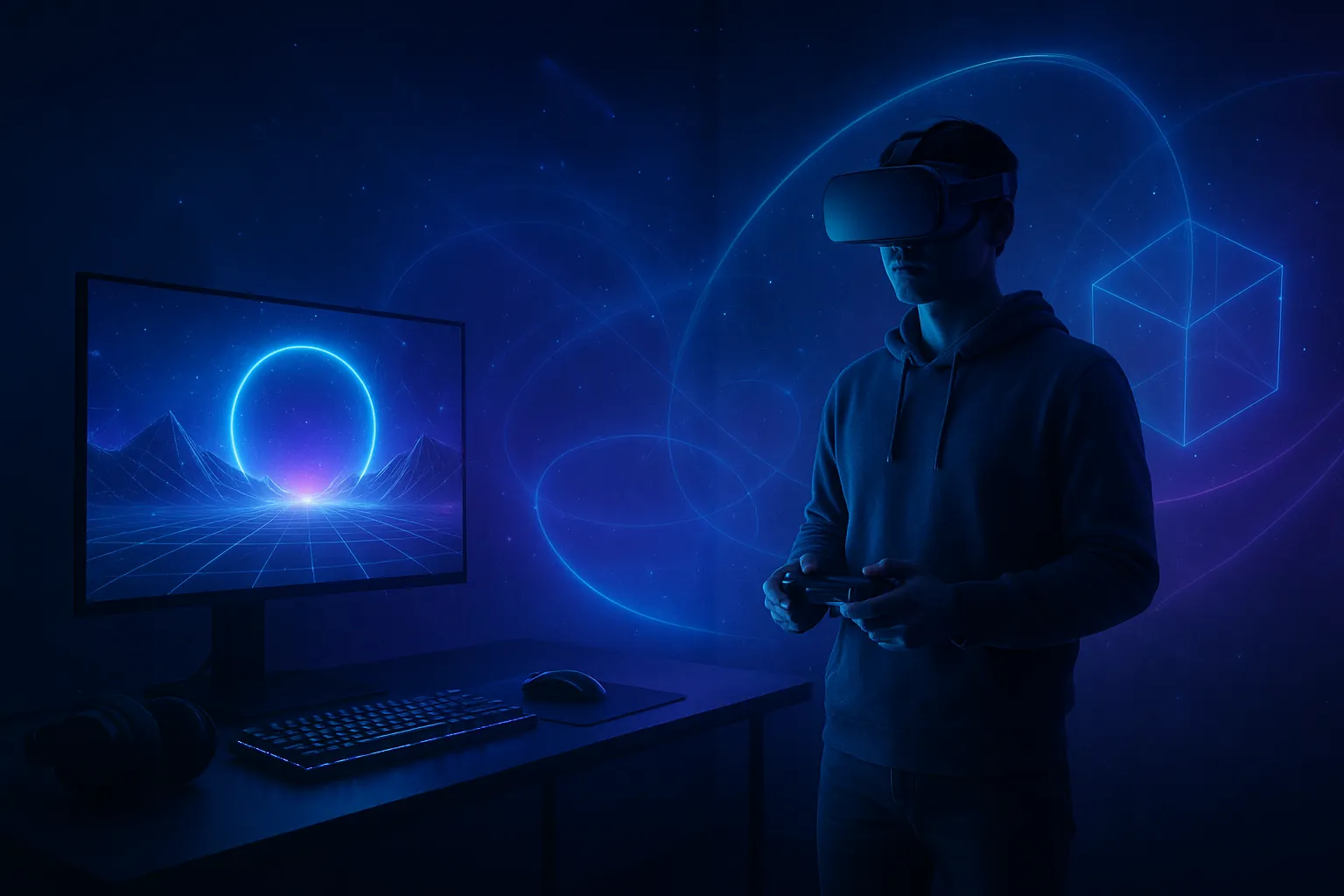 Ein Gamer mit VR-Headset steht in einem futuristisch beleuchteten Raum, umgeben von holografischen Lichteffekten, die virtuelle und reale Welt miteinander verschmelzen lassen.
