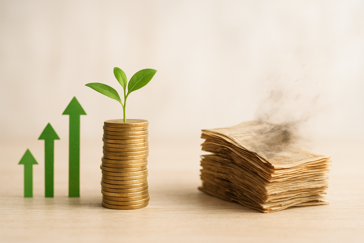 Symbolisches Foto zu Zinseszins vs. Inflation – wachsender Münzstapel mit Pflanze und aufsteigenden Pfeilen links, daneben zerfallende, verbrannte Geldscheine rechts.