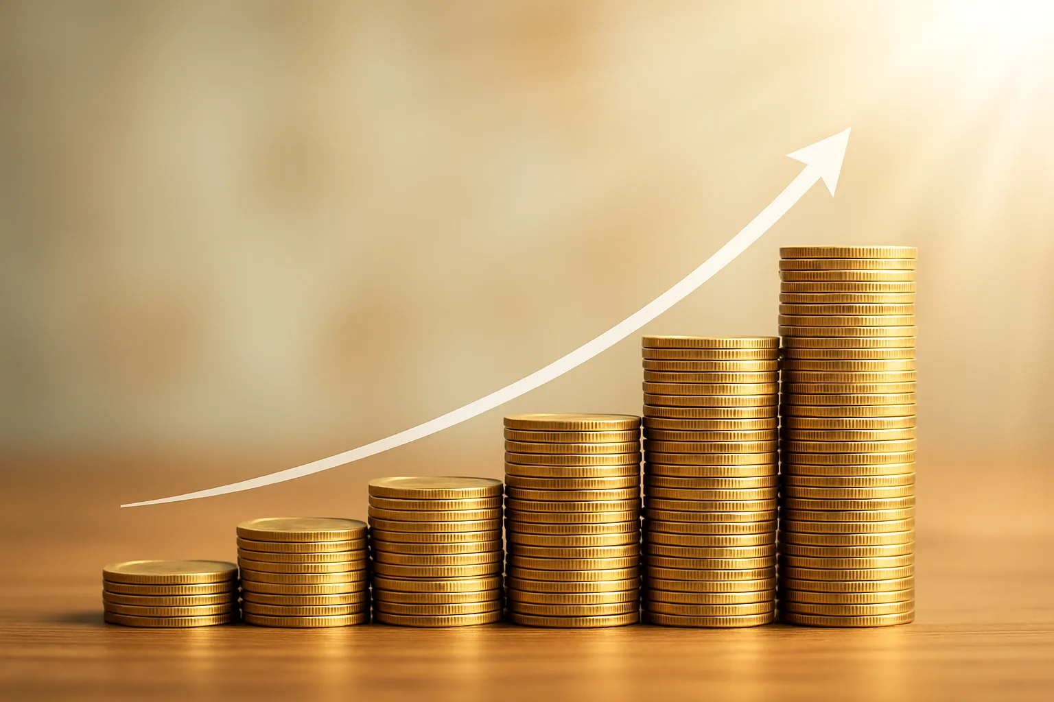 Diagramm, das aus glänzenden Münzstapeln gebildet wird. Jeder Münzstapel ist etwas höher als der vorherige und symbolisiert exponentielles Wachstum.
