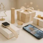 Minimalistisches Weihnachtsstillleben mit eleganten Geschenkboxen, Smartwatch und Smartphone auf hellem Tisch – moderne Social-Commerce-Ästhetik in Weiß-, Gold- und Beigetönen.