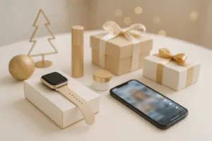Minimalistisches Weihnachtsstillleben mit eleganten Geschenkboxen, Smartwatch und Smartphone auf hellem Tisch – moderne Social-Commerce-Ästhetik in Weiß-, Gold- und Beigetönen.