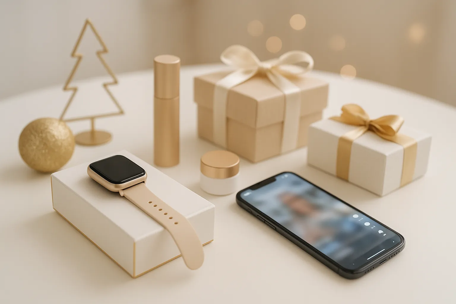 Minimalistisches Weihnachtsstillleben mit eleganten Geschenkboxen, Smartwatch und Smartphone auf hellem Tisch – moderne Social-Commerce-Ästhetik in Weiß-, Gold- und Beigetönen.