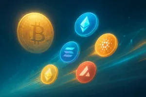 Leuchtende Altcoins wie Ethereum, Solana, Avalanche und Cardano steigen vor einem verblassenden Bitcoin in einer futuristischen, digitalen Finanzlandschaft auf – Symbol für die Altcoin-Revolution nach dem Bitcoin-Bull-Run 2025.
