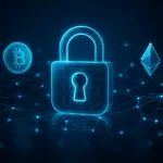 Digitale Sicherheit: Holografisches Schloss, schwebende Kryptomünzen und leuchtende Netzwerklinien symbolisieren dezentrale Wallets und Self-Custody.