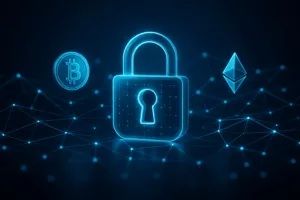 Digitale Sicherheit: Holografisches Schloss, schwebende Kryptomünzen und leuchtende Netzwerklinien symbolisieren dezentrale Wallets und Self-Custody.