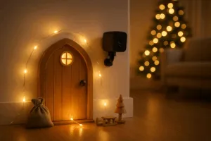 Wichteltür mit leuchtender Lichterkette und Mini-Kamera in gemütlichem Wohnzimmer mit Weihnachtsbaum im Hintergrund.
