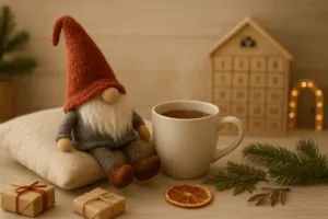 Ein kleiner Wichtel mit roter Mütze sitzt entspannt auf einem Kissen neben einer dampfenden Teetasse, umgeben von Tannenzweigen, kleinen Geschenken und warmem Kerzenlicht – Symbol für Ruhe und Achtsamkeit im Dezember.