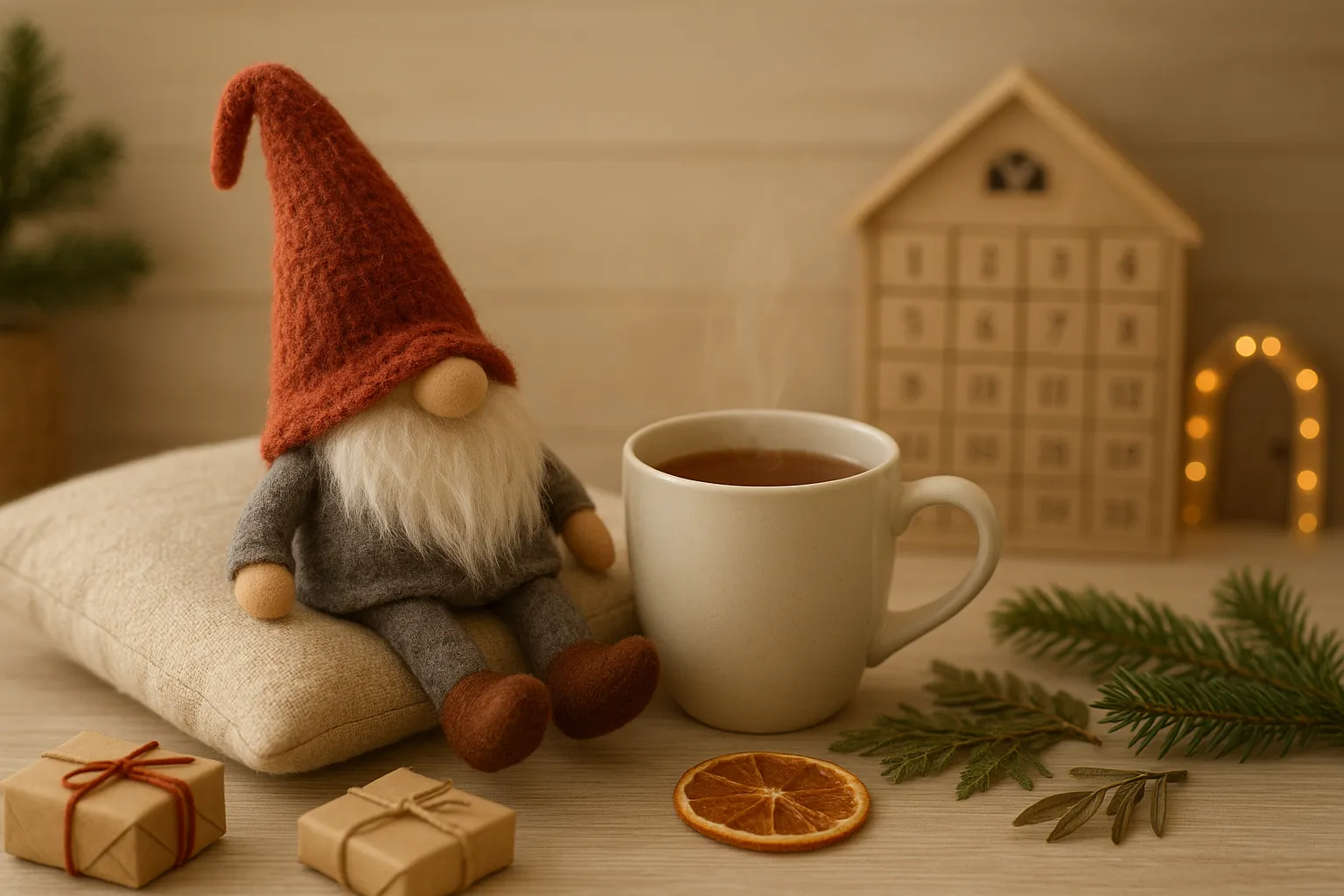 Ein kleiner Wichtel mit roter Mütze sitzt entspannt auf einem Kissen neben einer dampfenden Teetasse, umgeben von Tannenzweigen, kleinen Geschenken und warmem Kerzenlicht – Symbol für Ruhe und Achtsamkeit im Dezember.