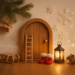 Liebevoll dekorierte Wichteltür mit Mini-Leiter, roten Stiefeln, Laterne und kleiner Maus – warme, märchenhafte Weihnachtsdekoration im Wohnzimmer.