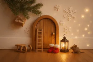 Liebevoll dekorierte Wichteltür mit Mini-Leiter, roten Stiefeln, Laterne und kleiner Maus – warme, märchenhafte Weihnachtsdekoration im Wohnzimmer.