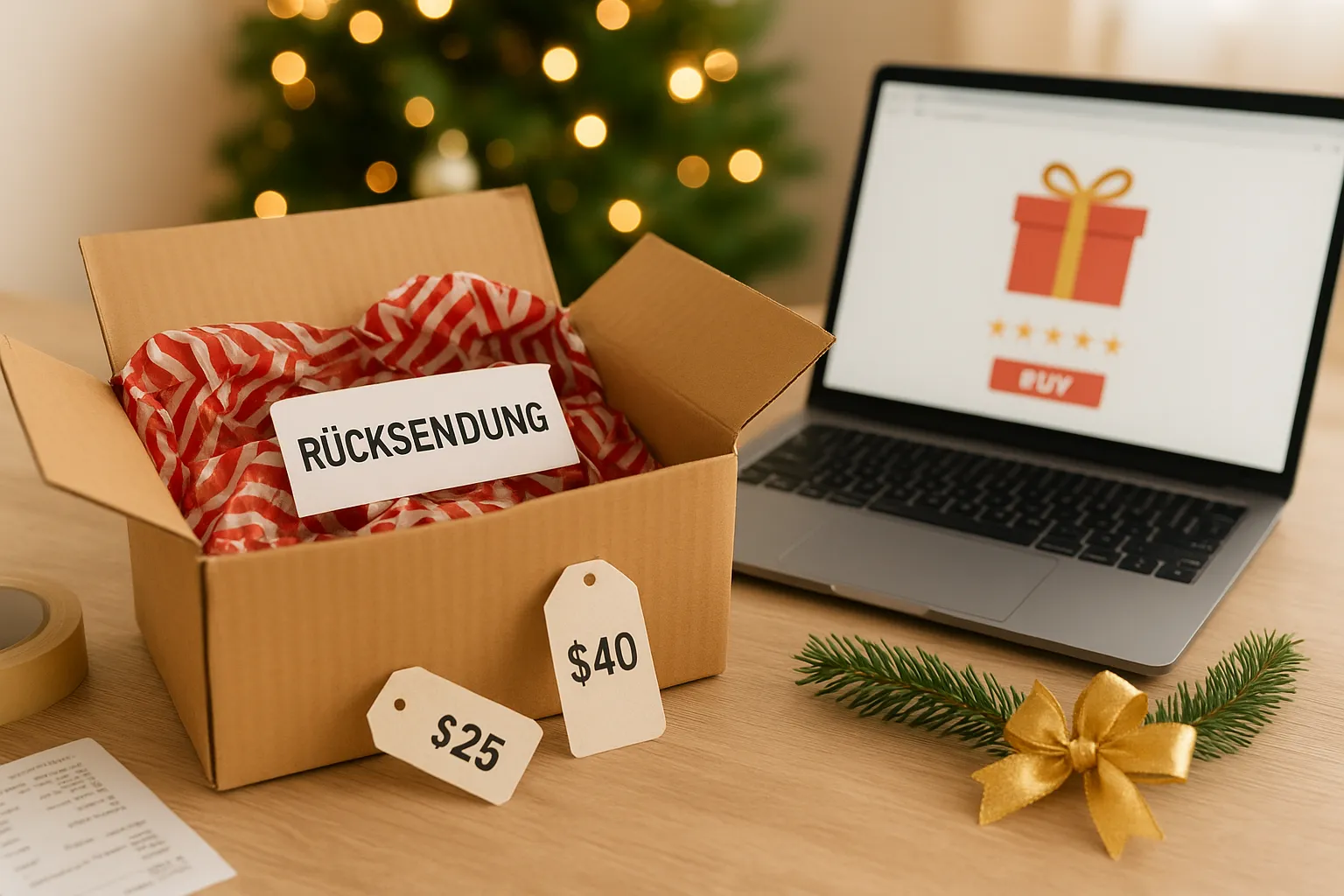 Offenes Paket mit rotem Geschenkpapier, Rücksendeetikett und Preisschildern auf Holztisch neben Laptop – dezente weihnachtliche Deko mit goldener Schleife und Tannenzweig, Symbol für versteckte Retourenkosten beim Online-Geschenke-Kauf.