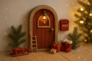 Eine detailverliebte skandinavische Wichteltür an einer hellen Wand, geschmückt mit winzigen Accessoires: Mini-Schlitten, winzige Holzleiter, Briefkasten, Stiefelchen, kleine Geschenkpakete, Tannenzweige, eine winzige Laterne mit warmem Lichtschein.