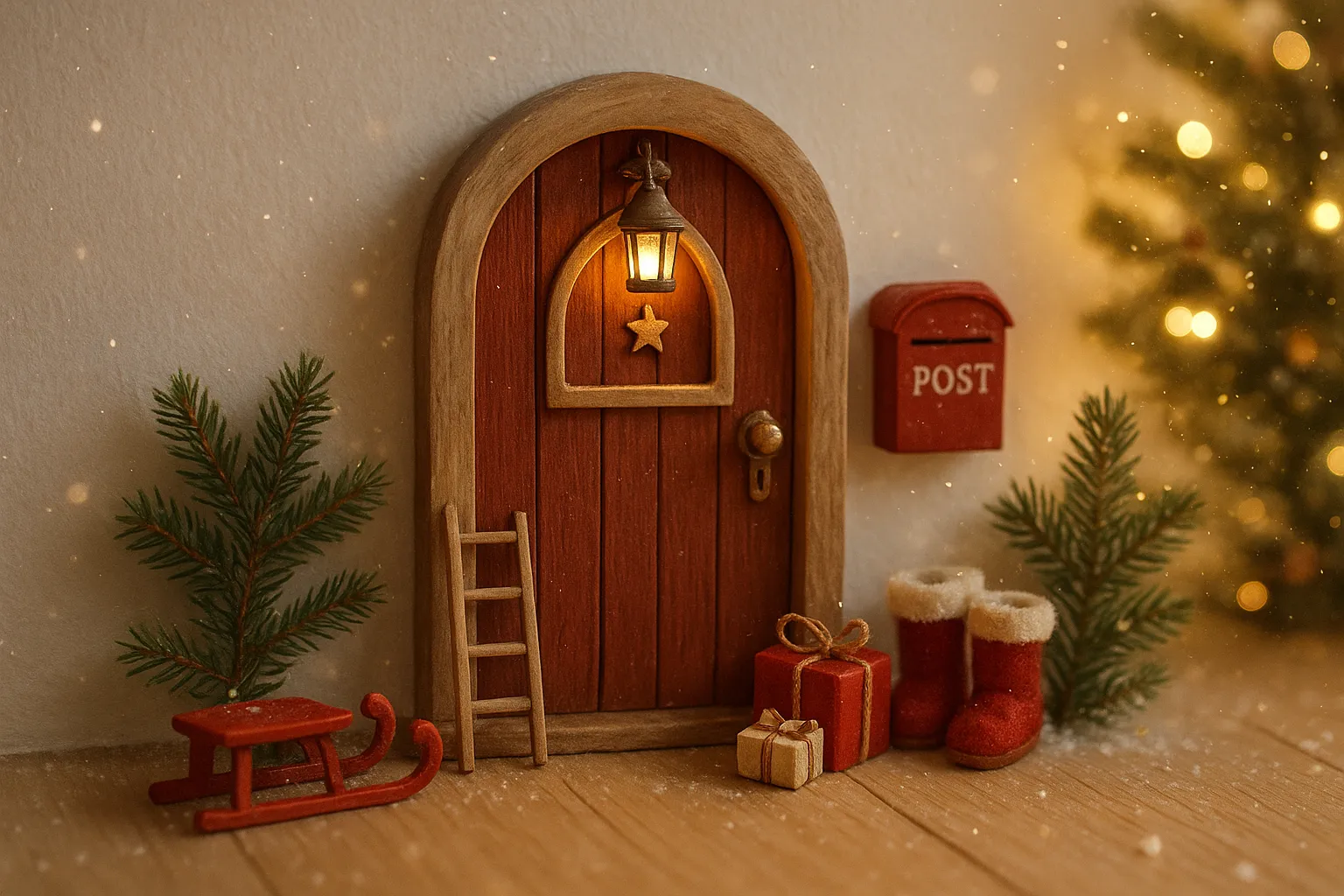 Eine detailverliebte skandinavische Wichteltür an einer hellen Wand, geschmückt mit winzigen Accessoires: Mini-Schlitten, winzige Holzleiter, Briefkasten, Stiefelchen, kleine Geschenkpakete, Tannenzweige, eine winzige Laterne mit warmem Lichtschein.