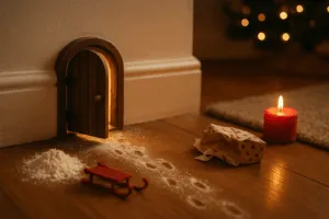 Kleine geöffnete Wichteltür mit winzigen Fußspuren, umgestürztem Schlitten und Kerze auf Holzfußboden – warme, magische Weihnachtsatmosphäre.