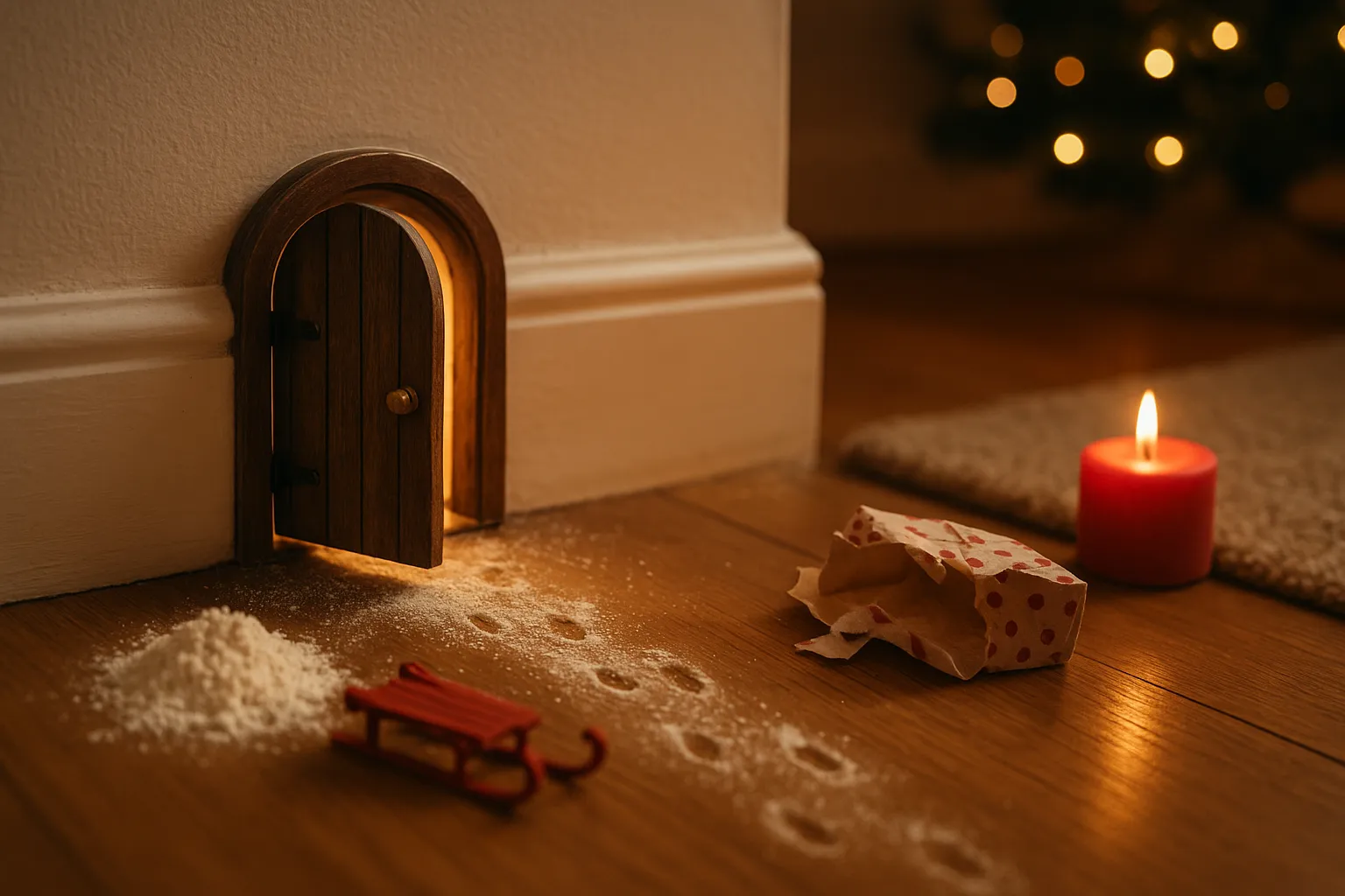 Kleine geöffnete Wichteltür mit winzigen Fußspuren, umgestürztem Schlitten und Kerze auf Holzfußboden – warme, magische Weihnachtsatmosphäre.