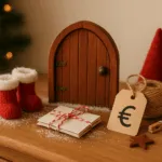 Kleine Wichteltür aus Holz mit Mini-Stiefeln, Briefen, Garn und Tannenzapfen auf einer Kommode – weihnachtlich dekoriert und warm beleuchtet, symbolisch für günstiges DIY-Wichtelzubehör unter 5 €.