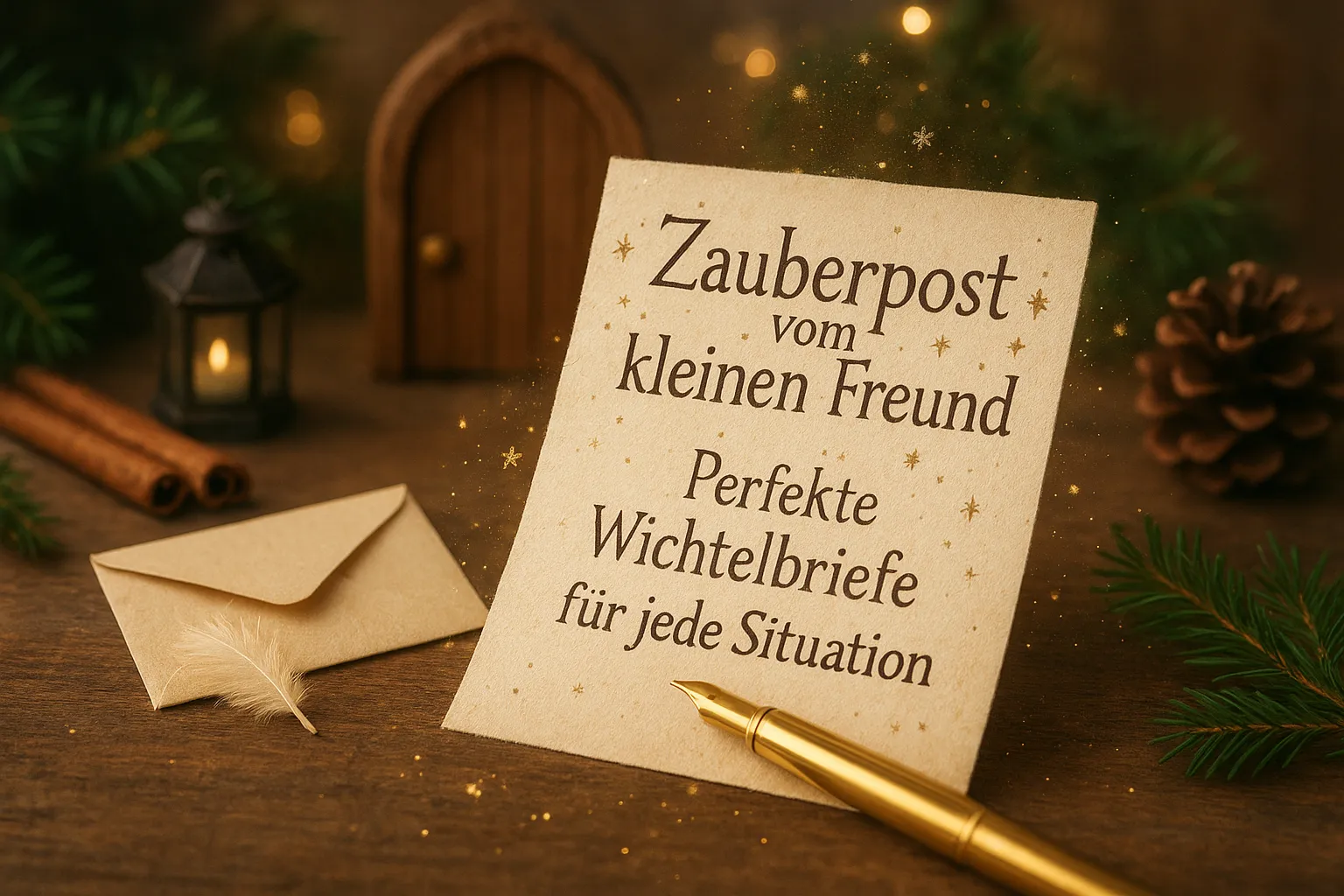 Zauberhafte Wichtelszene mit handgeschriebenem Brief, goldenem Stift, Umschlag und kleiner Laterne auf Holztisch – warme, magische Weihnachtsatmosphäre.