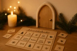 Kleine skandinavische Wichteltür mit warmem Kerzenlicht und liebevoll gestaltetem Erlebniskalender aus handbeschrifteten Kärtchen – symbolisch für immaterielle Überraschungen in der Adventszeit.
