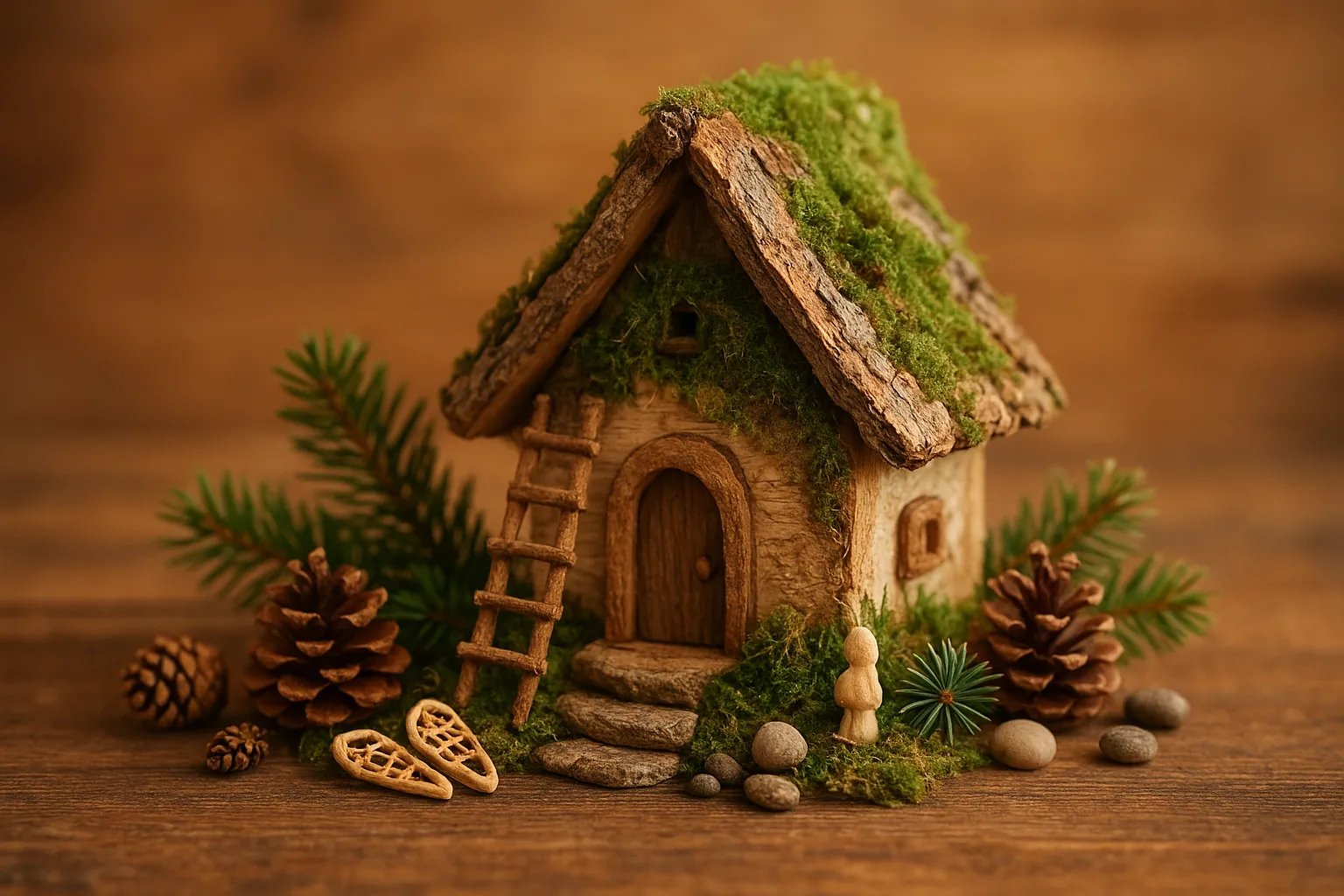 Kleines Wichtelhaus im skandinavischen Chalet-Stil aus Holz, Moos und Rinde, dekoriert mit Tannenzweigen, Zapfen und Mini-Schneeschuhen auf einer rustikalen Holzoberfläche.