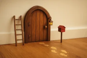 Kleine hölzerne Wichteltür mit Leiter, rotem Briefkasten und glitzernden Fußspuren auf Holzfußboden, warm beleuchtet von einer Laterne – symbolisiert magische Weihnachtsstimmung.
