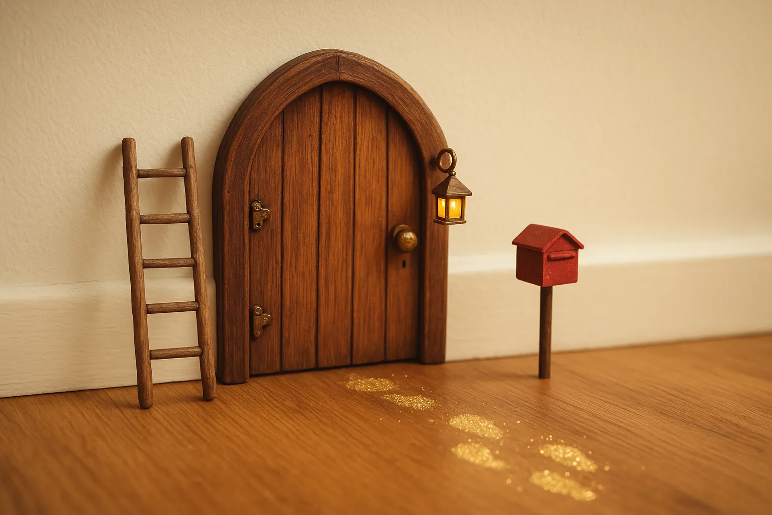Kleine hölzerne Wichteltür mit Leiter, rotem Briefkasten und glitzernden Fußspuren auf Holzfußboden, warm beleuchtet von einer Laterne – symbolisiert magische Weihnachtsstimmung.
