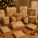 **Alt-Tag:** Selbstgemachter Adventskalender aus kleinen, in Packpapier verpackten Geschenken auf Holztisch, umgeben von Bastelutensilien wie Schere, Juteschnur und Washi-Tape, im warmen Licht einer gemütlichen Weihnachtsstimmung.