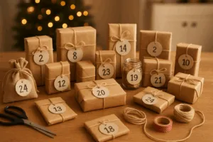 **Alt-Tag:** Selbstgemachter Adventskalender aus kleinen, in Packpapier verpackten Geschenken auf Holztisch, umgeben von Bastelutensilien wie Schere, Juteschnur und Washi-Tape, im warmen Licht einer gemütlichen Weihnachtsstimmung.