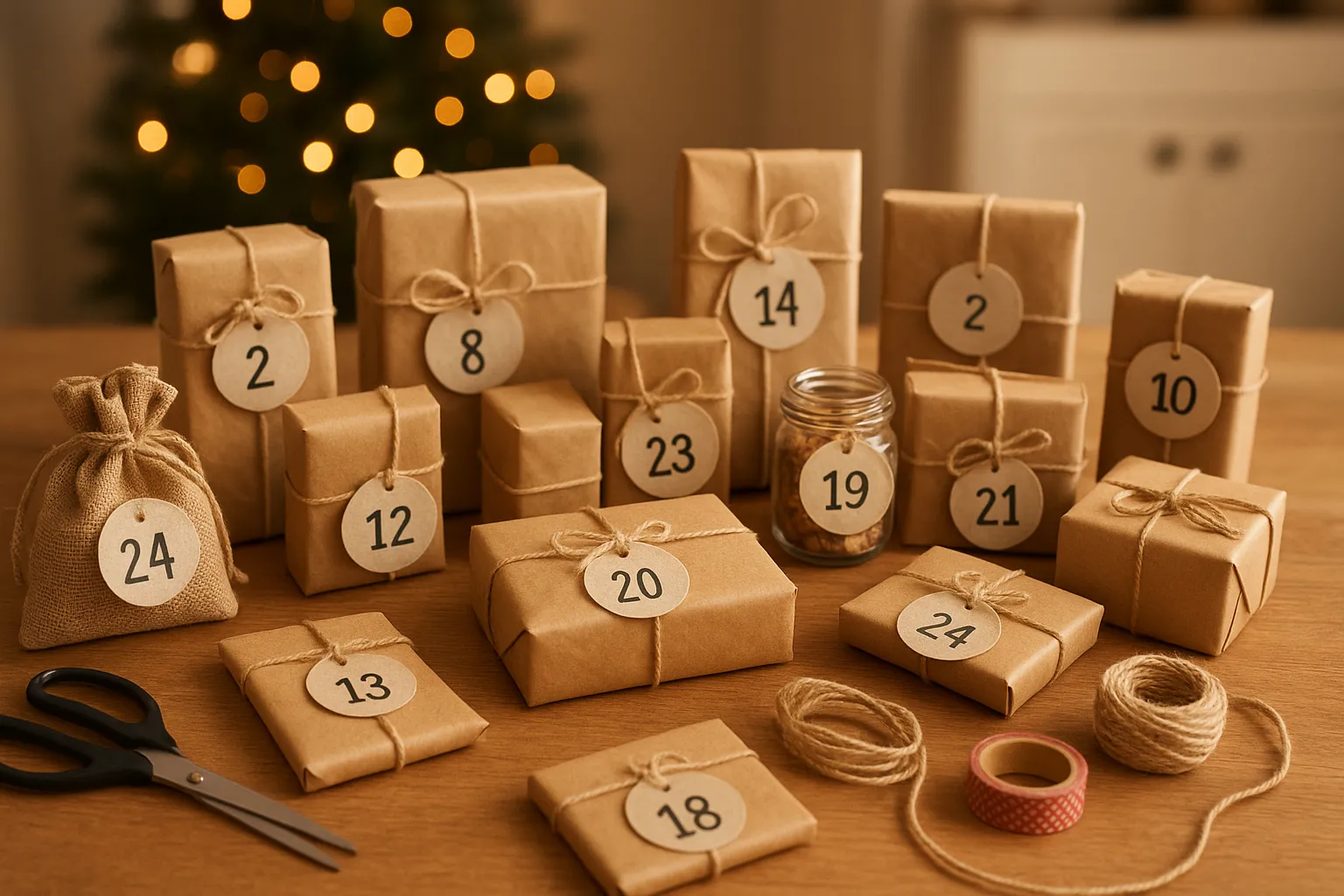 **Alt-Tag:** Selbstgemachter Adventskalender aus kleinen, in Packpapier verpackten Geschenken auf Holztisch, umgeben von Bastelutensilien wie Schere, Juteschnur und Washi-Tape, im warmen Licht einer gemütlichen Weihnachtsstimmung.